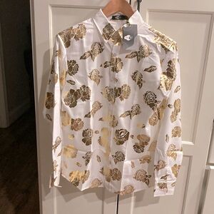 Men’s long sleeve button up white L/S shirt. White w/ gold foil flowers size S
